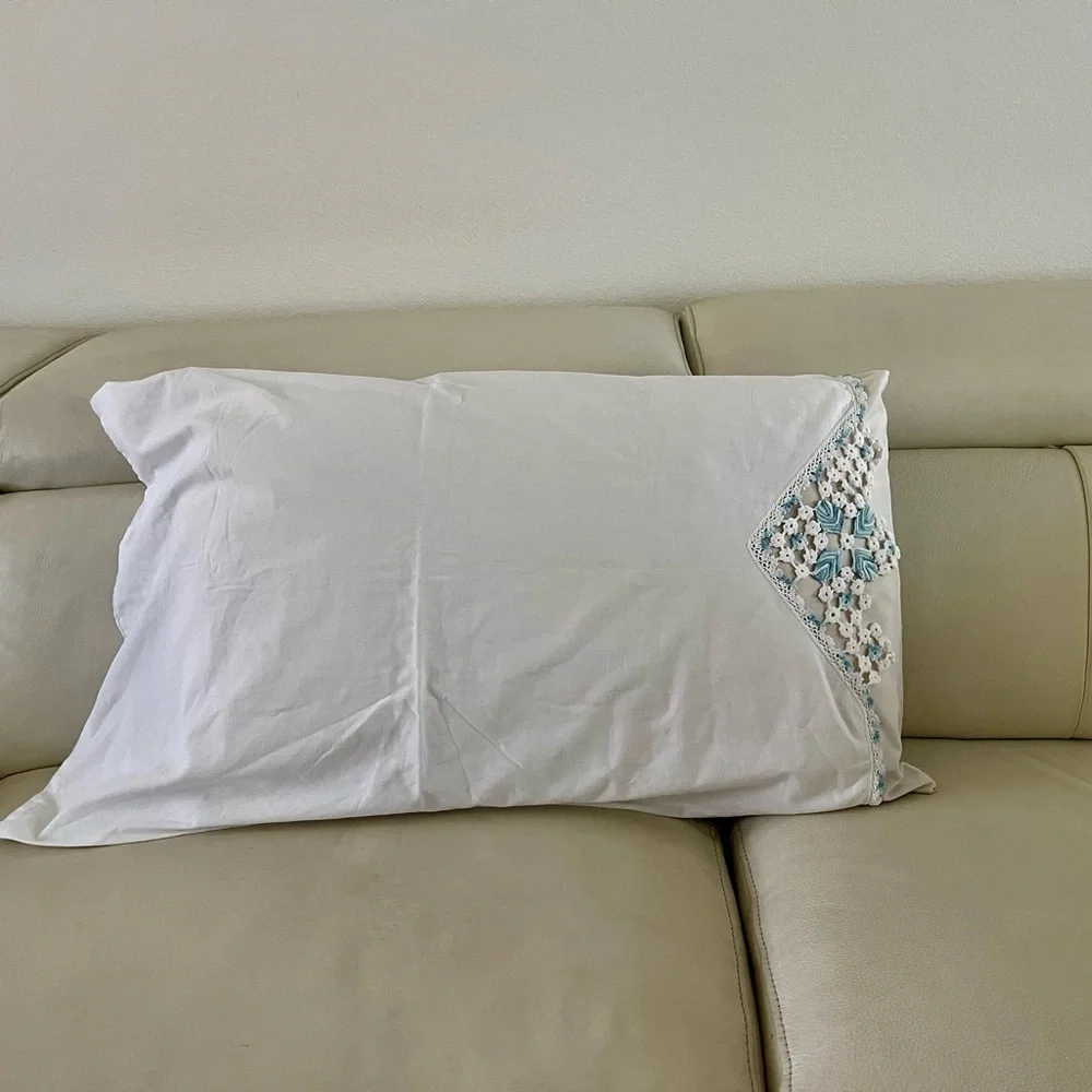 Elegant White Pillowcase with Blue Embroidery 19/31 inches